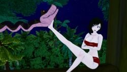 1boy 1girls 3d angry annoyed black_hair breasts cleavage fat_tits frown huge_breasts jungle kaa kick koikatsu lipstick loincloth midriff mrkoiru outdoors pale_skin ruby_rose rwby short_hair silver_eyes snake the_jungle_book tree wide_hips
