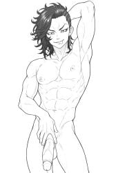 1boy 1male ai_generated bara big_penis bottom_pov civitai enticing gay gay_male illustrious_(stable_diffusion) implied_sex male male_focus male_only male_prey nude queer stable_diffusion sweat sweating tied_up tokyo_revengers yaoi black_and_white showing_off jerking jerkingoff one_arm_up arms_behind_head smirking_at_viewer smirking smirk tongue_out kokonoi_hajime hajime_kokonoi