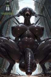 ai_generated alien alien_(franchise) balls dark_skin dickgirl erect_penis erection flaccid flaccid_penis foreskin futanari hyper_balls hyper_penis large_breasts musk pov_from_below precum promptrot sagging saggy_balls sweat thick_thighs uncircumcised xenomorph xenomorph_queen