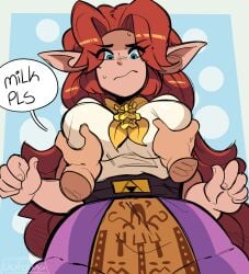 1boy 1girl 1girls big_breasts blue_eyes breast breast_grab breasts cremia deep_skin disembodied_limb double_breast_grab dress english_text farmgirl grabbing groping large_breasts light-skinned_female light_skin link long_hair looking_at_viewer majora's_mask malon neckerchief ocarina_of_time orange_hair pointy_ears red_hair skirt solo_focus sweatdrop the_legend_of_zelda uuforya