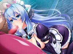 1boy all_fours apron bikini bikini_top_only black_bikini black_gloves blue_eyes blue_hair blush boots breasts brick_floor censored chains chest_jewel collar covered_nipples cum cum_in_mouth cum_on_body cum_on_hair detached_sleeves dutch_angle elbow_gloves exs-tia facial fat fat_man fellatio female floating_hair frills game_cg gloves hair_between_eyes hand_on_another's_head headgear inoino katsuragi_marina kouyoku_senki_exs-tia large_breasts large_variant_set long_hair maid maid_headdress micro_bikini mosaic_censoring non-web_source official_art oral penis puffy_short_sleeves puffy_sleeves short_sleeves skirt solo_focus straight swimsuit thigh_boots thighhighs variant_set very_long_hair waist_apron white_apron