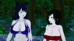 2girls 3d angry animal_ears animal_print animal_print_bikini ass black_hair blake_belladonna breasts cat_ears catgirl cleavage fat_ass frown huge_ass huge_breasts koikatsu lipstick loincloth mrkoiru pale_skin ruby_rose rwby short_hair silver_eyes smile the_jungle_book yellow_eyes