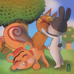 animal_crossing animal_genitalia anthro dotty_(animal_crossing) felid female fiosapii fiosapito genitals group hazel_(animal_crossing) hi_res hybrid lagomorph leporid male male/female mammal nintendo rabbit rodent sciurid tom_nook_(animal_crossing) tree_squirrel trio