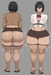 taiga20 ai_generated ass fat_ass big_ass thick_thighs thick_ass thick bubble_butt bubble_ass curvy curvaceous curvy_figure voluptuous voluptuous_female bottom_heavy 1girls female cellulite oiled oiled_skin pawg sexy slutty_female fishnets flip_flops feet black_hair brown_eyes black_nail_polish toenail_polish black_toenails mikasa_ackerman attack_on_titan shingeki_no_kyojin skirt miniskirt cropped_shirt cleavage breasts big_breasts breedable_hips cameltoe thong