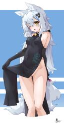 animal_ears arm_behind_back bare_shoulders bell black_dress black_gloves blue_background blue_streaks breasts china_dress chinese_clothes clothes_lift condom condom_wrapper covered_navel covered_nipples cropped_legs dated dress dress_lift elbow_gloves eyelashes female floral_print gloves grey_hair hair_between_eyes hair_ornament highres hinanawi_mika holding holding_condom jingle_bell lifting_own_clothes long_dress long_hair looking_at_viewer low_twintails medium_breasts multicolored_hair neck_bell no_bra no_panties oerba_yun_fang one_eye_closed open_mouth original pussy simple_background skin_fang sleeveless sleeveless_dress smile solo standing streaked_hair thigh_gap twintails v-shaped_eyebrows very_long_hair white_tail x_hair_ornament yellow_eyes