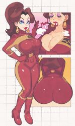 1girls ass ass_shot big_ass big_breasts blue_eyes bodysuit breast_focus breasts brown_hair cleavage close-up closed_eyes clothing ear_piercing earrings english english_text eyeshadow fanning_self female female_only footwear full_body hair hands_on_hips heels huge_ass huge_breasts inkuusan lips lipstick mario_(series) mario_kart_world multiple_views nintendo parted_lips pauline pauline_(aero) ponytail purple_eyeshadow racing_suit red_bodysuit red_lips red_lipstick solo solo_female steam sweat sweatdrop thick_lips tied_hair unzipping