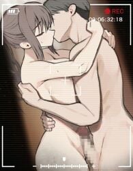 1boy battery_indicator black_hair breasts brown_hair censored closed_eyes commentary commission completely_nude english_commentary erection faceless faceless_male female hand_on_another's_back hidden_camera highres hug kissing large_breasts long_hair low_ponytail mosaic_censoring nude original penis ponytail recording short_hair sidelocks straight sweat twin_(tt_lsh) viewfinder voyeurism wispy_bangs