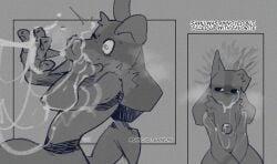 anthro biped bodily_fluids cum cum_covered cum_in_mouth cum_inside cum_on_face fingers fur generation_4_pokemon genital_fluids hi_res leaking_cum lucario male messy nintendo one_ear_up one_eye_closed pokemon pokemon_(species) simple_background sincastermon solo spiral spiral_eyes sweat tail text