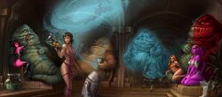 5girls ass astromech_droid belly_dancer belly_dancer_outfit braided_hair brown_hair bubble_butt chain_leash chained cleavage corset dancer dancer_outfit daypaintstudio enslaved_royal feeding femsub harem hologram hutt jabba_the_hutt large_breasts loincloth long_hair multiple_girls orange_hair pink_skin princess_leia_organa purple_skin serving_tray short_hair slave slave_bikini slave_collar slave_leia slave_outfit slavegirl star_wars submissive_female twi'lek zeltron