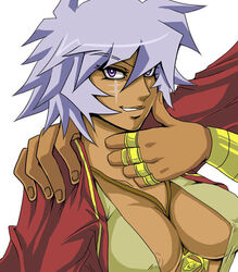 breasts brown_skin clothes color female hair human jewelry looking_at_viewer open_eyes purple_eyes purple_hair ring rule_63 scar short_hair simple_background thief_king_bakura touzokuou_bakura unknown_gender white_background yu-gi-oh!