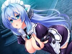 apron bikini bikini_top_only black_bikini black_gloves black_skirt black_thighhighs blue_eyes blue_hair blush boots breasts brick_floor chains chest_jewel cleavage collar covered_nipples cum cum_on_body cum_on_hair dress dutch_angle elbow_gloves exs-tia facial female floating_hair frilled_skirt frills game_cg gloves hair_between_eyes hair_intakes headgear indoors inoino katsuragi_marina kneeling kouyoku_senki_exs-tia large_breasts large_variant_set long_hair maid maid_headdress micro_bikini miniskirt non-web_source official_art open_mouth puffy_short_sleeves puffy_sleeves purple_thighhighs shiny_clothes shiny_legwear shiny_skin short_dress short_sleeves sitting skirt solo strap_gap swimsuit thigh_boots thighhighs v_arms variant_set very_long_hair waist_apron white_apron zettai_ryouiki