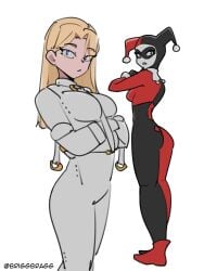 black_bodysuit blonde_hair blue_eyes bodysuit breasts briggbragg closed_mouth dc_comics frown full_body harley_quinn highres long_hair medium_breasts red_bodysuit simple_background standing straitjacket twitter_username two-tone_bodysuit white_background