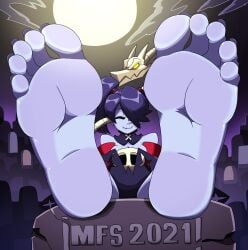1girls 2021 barefoot cemetery cleavage closed_eyes feet feet_focus female female_focus female_only foot_fetish full_moon gravestone graveyard highres leviathan_(skullgirls) moon mostlyfunstuff night pigtail purple_hair purple_skin red_eyes skullgirls soles soles_female squigly tease teasing toes twintails zombie zombie_girl