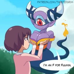 2girls animated arms_behind_back artist_name blinking breast_lift breasts brown_hair cleavage cloud colored_skin dated english_text fire flame-tipped_tail floating fuumin_(youkai_watch) glasses hair_horns highres large_breasts looping_animation misora_inaho monster_girl multiple_girls orange_eyes outdoors parody pointy_ears purple_skin short_hair smile speech_bubble tagme tail twistedgrim video white_hair youkai_(youkai_watch) youkai_watch