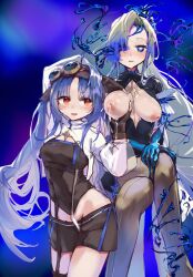 2girls arcaea blonde_hair blue_eyes blue_hair blush corrupted crossed_legs crotch exposed_breasts floating glowing_eye goggles groping_breasts half-closed_eyes hands_on_lap lactation long_hair milking mitsuko_(arcaea) multicolored_hair multiple_girls naughty_face nonoka_(arcaea) nonoka_(azure)_(arcaea) one_eye_covered pilot_goggles red_eyes shorts sitting toqin_(munm2577) torn_bodysuit very_long_hair white_pupils