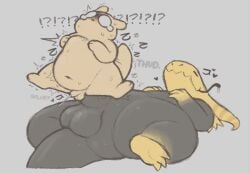 anthro ball_size_difference balls belly bodily_fluids claws crying duo ejaculation erection feral genitals gourmand_(rain_world) lizard_(rain_world) long_tongue lying male male/male navel on_back overweight overweight_male paws penetration penis penis_size_difference rain_world size_difference slugcat smile sweat tail tears thud tongue tongue_out videocult yellow_lizard_(rain_world) zlut385