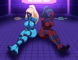 2girls angry angry_female angry_sub black_hair blindfold blindfolded blindfolded_female blonde_hair bodysuit bondage colorfulnuts gag gagged gagged_female gagged_speech high_heels metroid metroid_prime_4:_beyond ponytail samus_aran strap_bondage