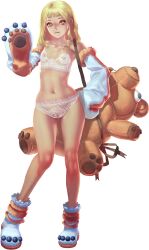 animal_costume animal_hands artist_request bare_legs bare_shoulders blonde_hair bra covered_nipples crystal_maiden_(series) detached_sleeves female flat_chest frilled_bra frilled_panties frills full_body game_cg gloves hair_over_shoulder hand_on_own_hip highres holding holding_stuffed_toy navel no_headwear official_art orange_eyes panties paw_gloves pebbles_(crystal_maidens) see-through_bra see-through_clothes solo stuffed_animal stuffed_toy transparent_background underwear variant_set