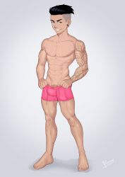 abs alternate_universe alternate_version artist_request athletic_male bare_chest biceps big_feet brown_skin brown_skinned_male commando ear_piercing ear_tunnel half-dressed half_naked half_nude jammers looking_at_viewer low_rise male male_only nipples no_pubic_hair original_character pale_palms pale_soles partially_undressed partly_nude pastel_colors pecs penis penis_base pink_swimsuit provocative public_indecency pulling_swimsuit reiner55 shaved_sides skimpy_swimwear slicked_back_hair smirking_at_viewer smooth_penis snakebite_piercing solo_male standing swimwear_only swimwear_pull tanned tanned_skin tattoo tattooed_arm toenails undercut