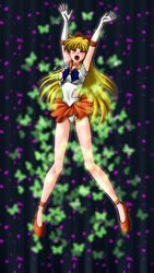 arms_up bishoujo_senshi_sailor_moon blonde_hair bow closed_eyes clothing female female_only gloves h@ruki human long_hair minako_aino nipple nipples open_mouth sailor_venus skirt small_breasts solo torn_clothes