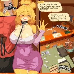 animal_crossing anthro biped blush bodily_fluids breasts brown_body brown_fur canid canine canis cleavage closed_eyes clothed clothing cum dialogue domestic_dog duo exclamation_point female fur genital_fluids hi_res human isabelle_(animal_crossing) male mammal noah_(artist) open_mouth open_smile smile sound_effects speech_bubble standing yellow_body yellow_fur