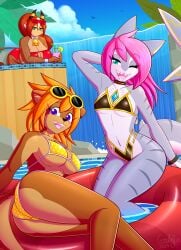 3girls annabelle_(galajo) anthro artist_name ass bent_over bikini black_and_gold blue_eyes bovine breasts choker cow_girl cowbell diamond drink ear_tuft female female_only flat_chest floatie furry furry_female furry_only galajo green_eyes hand_behind_head hi_res horns huge_breasts kit_(galajo) large_breasts long_eyelashes long_hair looking_at_viewer lying_on_side open_mouth orange_hair otter otter_humanoid outdoors pearlie_(galajo) pink_hair pool purple_eyes red_hair round_ass shark shark_girl shark_humanoid shark_teeth sharp_teeth sitting skimpy_bikini smile snout strapless strapless_bikini sunglasses sunglasses_on_head tail thick_thighs thighs very_high_resolution waterfall wide_hips wink