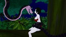 1boy 1girls 3d ass black_hair breasts cleavage coiling confused fat_ass fat_tits huge_breasts hypnosis jungle kaa kaa_eyes koikatsu lipstick loincloth midriff mind_control mrkoiru outdoors pale_skin resisting ruby_rose rwby short_hair snake the_jungle_book tree weak_resistance wide_hips