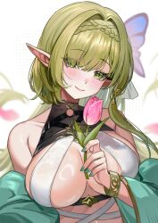 azur_lane bare_shoulders blush bracelet braid breasts butterfly_hair_ornament cg cleavage closed_mouth collarbone de_zeven_provincien_(azur_lane) elf eyes_visible_through_hair female flower green_eyes green_hair green_nails hair_intakes hair_ornament holding holding_flower jewelry large_breasts long_hair looking_at_viewer nail_polish pink_flower pointy_ears smile solo tulip upper_body white_background