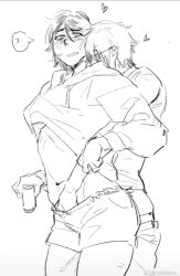 1boy 1other 2shikkko ? black_and_white blush clothed clothing embarrassed fyi_that_is_not_mikey gerard_way groping_from_behind hand_under_clothes heart_symbol hearts holding_object hoodie implied_public_sex jerking_off_another jerkingoff_another long_sleeves looking_at_another my_chemical_romance reaching_into_pants sexually_suggestive short_shorts shorts sketch standing stomach unknown_male white_background