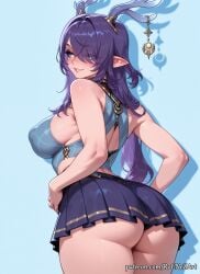 1girl 2026 ai_generated anime antlers ass bangs bare_shoulders blue_background blue_eyes blush boobs breasts buttocks cleavage covered_nipples crossover eye_contact female female_focus flushed from_behind genshin_impact hair_over_one_eye highres hoyoverse huge_breasts large_breasts lauma_(genshin_impact) long_hair looking_at_viewer looking_back mihoyo nsfw panties parted_lips patreon pleated_skirt pointy_ears purple_hair rognezart skirt sleeveless smile smiling solo thick_thighs thighs underwear very_long_hair