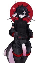 anthro barbel_(anatomy) big_penis black_hair bodysuit bomber_jacket bottomwear cargo_pants catlad clothing ear_fins electronics fin foreskin genitals hair harness headgear headphones headset hi_res huge_cock jumpsuit leg_harness male otto_(catlad) overalls pale_eyes pale_skin pants penis penis_poking_out pink_penis pockets ribbed_clothing ribbed_sweater short_hair skinsuit sneaking_suit solo spy sweater tail thick_tail tight_clothing topwear turtleneck unzipped_bodysuit whiskers