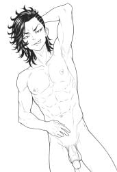 1boy 1male ai_generated bara big_penis bottom_pov civitai enticing gay gay_male illustrious_(stable_diffusion) implied_sex male male_focus male_only male_prey nude queer stable_diffusion sweat sweating tied_up tokyo_revengers yaoi black_and_white showing_off jerking jerkingoff one_arm_up arms_behind_head smirking_at_viewer smirking smirk tongue_out kokonoi_hajime hajime_kokonoi