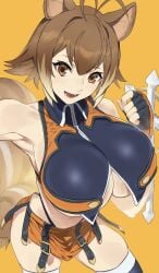 animal_ears antenna_hair armpits belt belt_buckle black_belt black_gloves black_thighhighs blazblue breasts brown_eyes brown_hair buckle collared_shirt colored_tips cowboy_shot crop_top double-parted_bangs female fingerless_gloves flipped_hair from_above g-string gloves hand_up highleg highleg_panties highres huge_breasts kuma_(jk0073) looking_at_viewer lower_teeth_only makoto_nanaya microskirt midriff multicolored_hair multiple_belts no_bra open_mouth orange_shirt orange_skirt panties revealing_clothes shirt short_hair simple_background skirt sleeveless sleeveless_shirt smile solo squirrel_ears squirrel_girl squirrel_tail tail teeth thighhighs thong tonfa two-tone_hair underboob underwear weapon whale_tail_(clothing) yellow_background