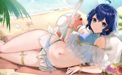 alluring alternate_hair_color bare_shoulders beach blue_eyes blue_hair bracelet cherry commentary female fire_emblem fire_emblem_awakening food fruit haru_(nakajou-28) holding holding_food holding_fruit intelligent_systems jewelry looking_at_viewer lying midriff morgan_(fire_emblem) morgan_(fire_emblem)_(female) nintendo ocean outside see-through_clothes shell short_hair smile swimsuit thighs umbrella