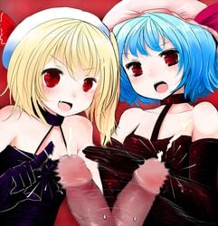 blonde_hair blue_hair censored cum cute_fang dark-skinned_male ejaculation elbow_gloves femdom flandre_scarlet flicking gloves han64 han_(jackpot) hat multiple_girls open_mouth penis red_eyes remilia_scarlet ruined_orgasm short_hair siblings sisters slap slapping slapping_penis smile teamwork touhou