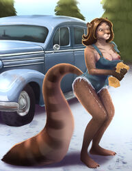 anthro arabesque barefoot breasts brown_hair canine car female fur furry hair nipples overalls solo sponge standing tree washing wood