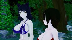 2girls 3d angry animal_ears animal_print animal_print_bikini ass black_hair blake_belladonna breasts cat_ears catgirl cleavage fat_ass frown huge_ass huge_breasts koikatsu lipstick loincloth mrkoiru pale_skin ruby_rose rwby short_hair silver_eyes smile the_jungle_book yellow_eyes