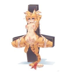 absurd_res anal anthro anus ass big_vulva blonde_hair bodily_fluids breasts cygames felid female genital_fluids genitals green_eyes hair hi_res humanoid lalamedli mammal mia_(world_flipper) nipples nude pantherine pink_nipples restraints shy solo tiger vaginal_fluids vaginal_penetration vulva world_flipper yellow_body