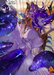 armor blue_eyes blue_sclera breasts choker colored_sclera colored_skin commission consent_sticker double_penetration elf highres long_eyebrows long_hair long_pointy_ears medium_breasts motion_lines night_elf_(warcraft) nipples nude pauldrons player_character_(wow) pointy_ears ponytail purple_hair purple_skin pussy restrained shoulder_armor spread_legs tentacle tentacle_in_mouth tentacle_sex uncensored vaginal_penetration warcraft yeougui