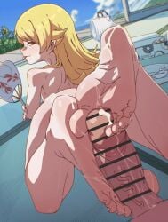 1boy 1girls animated animated_image anus anus_peek ass bakemonogatari bar_censor barefoot blonde_hair blue_sky caress caressing caressing_penis caressing_with_foot censored cloud commentary completely_nude continue_after_cum cum cumshot ejaculation erection feet female flexible_toes flower foot_focus footjob from_behind funen_gomi funen_gomi_m gif glansjob grip gripping gripping_penis hand_fan holding holding_fan incense_burner indoors long_hair looking_at_viewer looking_back lying male male_squirting milking_cum milking_penis monogatari_(series) nude oerba_yun_fang on_stomach orgasm oshino_shinobu pastry_box penis plate pointy_ears post-orgasm post-orgasm_torture pov pov_crotch reverse_footjob semen sky sliding_doors smile sole_female soles soles_fetish soles_focus soundfull_video_at_source straight summer sunflower tagme tatami thighs toes toes_on_penis veins veiny_penis yellow_eyes