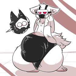 2021 anthro aroused balls big_balls big_bulge big_penis black_body black_clothing black_fur black_thong black_underwear blush bodily_fluids bulge canid canine canis changed_(video_game) clothed clothing coat digital_media_(artwork) dr._k_(changed) duo fur gas_mask genitals goo_creature hi_res huge_balls huge_bulge huge_cock hyper hyper_balls hyper_genitalia hyper_penis ineffective_clothing male mammal mask navel pawplants penis puro_(changed) red_eyes solo_focus standing sweat thong topwear underwear white_body white_clothing white_coat white_fur white_topwear wolf