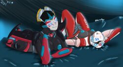 2girls arcee arcee_(rotb) big_breasts blue_eyes blue_nipples breasts laying_on_back laying_on_stomach nipples panties perizukois red_panties robot robot_girl robot_humanoid tongue tongue_out transformers transformers_rise_of_the_beasts windblade