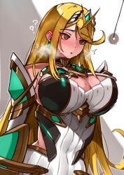1girls ? ?? @_@ absurdres blonde_hair breasts chest_jewel cleavage cleavage_cutout clothing_cutout coin coin_on_string commentary_request core_crystal_(xenoblade) covered_navel dollification dress earrings emotionless emotionless_female female gem green_gemstone grey_background highres hip_vent huge_breasts hypnosis imminent_kiss imminent_rape indifference indifferent jewelry large_breasts long_hair mind_control mythra mythra_(xenoblade) oniisan02b parted_lips pendulum solo tiara two-tone_background unaware_hypnosis unbothered upper_body very_long_hair voluptuous voluptuous_female white_background white_dress xenoblade_chronicles_(series) xenoblade_chronicles_2 yellow_eyes yotsuha_uni yotsuhauni