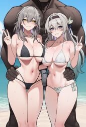 1boy 2girls ai_generated ass_visible_through_thighs beach bikini breast_press breasts bulge cheating cuckold curvy dark-skinned_male dark_skin erection_under_clothes female ffm_threesome firefly_(honkai:_star_rail) grabbing_from_behind hip_grab honkai:_star_rail honkai_(series) hoyoverse imminent_sex interracial large_breasts light-skinned_female light_skin looking_at_viewer male mihoyo netorare ntr outdoors peace_sign size_difference smile smug stelle_(honkai:_star_rail) threesome v very_dark_skin