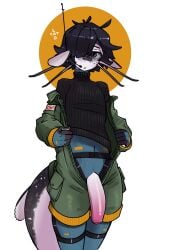 anthro barbel_(anatomy) big_penis black_hair bodysuit bomber_jacket bottomwear cargo_pants catfish catlad clothing ear_fins electronics fin fish foreskin genitals hair harness headgear headphones headset hi_res huge_cock jumpsuit leg_harness male marine otto_(catlad) overalls pale_eyes pale_skin pants penis penis_poking_out pink_penis pockets ribbed_clothing ribbed_sweater short_hair skinsuit sneaking_suit solo spy sweater tail thick_tail tight_clothing topwear turtleneck unzipped_bodysuit whiskers