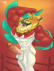 2025 abs absurd_res anthro avian balls beak biceps big_muscles big_pecs big_penis claws clothing colored digital_drawing_(artwork) digital_media_(artwork) feathers fighting_ring generation_6_pokemon generation_9_pokemon genitals hand_above_head hand_on_side hand_over_head hawlucha hi_res humanoid humanoid_genitalia humanoid_penis luchador male mega_evolution mega_hawlucha multicolored_body musclar_arms muscular muscular_male muscular_thighs nintendo nipples nude nude_anthro nude_male pecs penis pokemon pokemon_(species) pose sharkfurryman solo thong underwear undressed wings wrestler