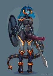 2025 2_horns absurd_res animal_genitalia animal_penis anthro armor armored_boots balls big_breasts big_penis black_body black_nipples blue_hair breasts dragon drone equine_genitalia equine_penis genitals gynomorph hair hi_res horn huge_cock intersex medial_ring melee_weapon mythological_creature mythological_scalie mythology nipples penis rainset scalie shield solo sword tail unconvincing_armor weapon wearing_helmet