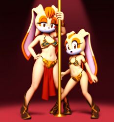 ai_generated cream_the_rabbit crossover crossover_cosplay curious_look hand_on_hip long_ears looking_at_viewer milf mobian_rabbit open_mouth pole_dancing rabbit_ears seductive_look sega slave_bikini slave_leia_(cosplay) sonic_(series) star_wars stripper_pole vanilla_the_rabbit