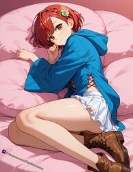 1girl ai_generated atelier_(series) beautiful bedroom blue_sweater brown_boots brown_eyes cute_face female flower_in_hair girl gothmaniac hooded_sweater looking_at_viewer medium_hair miniskirt red_hair slim_girl smiley_face sophie_neuenmuller woman