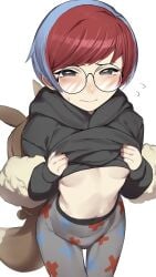 blue_hair blush boots breasts clothes_pull dated eevee female gen_1_pokemon glasses grey_eyes grey_hoodie grey_pantyhose half-closed_eyes highres hood hood_down hoodie jacket jacket_pull kuma_(jk0073) looking_at_viewer medium_breasts multicolored_hair nintendo pantyhose penny_(pokemon) pokemon pokemon_sv print_hoodie print_pantyhose pulling_own_clothes red_hair round_eyewear short_hair shoulder_strap signature simple_background skirt solo standing stomach stuffed_animal stuffed_toy thigh_gap thighs two-tone_hair underboob undressing upskirt white_background